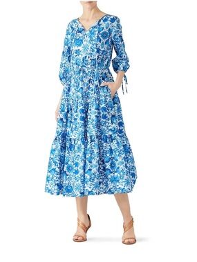M.D.S. Stripes Blue Floral midi cotton dress. Tie-front. Size 4